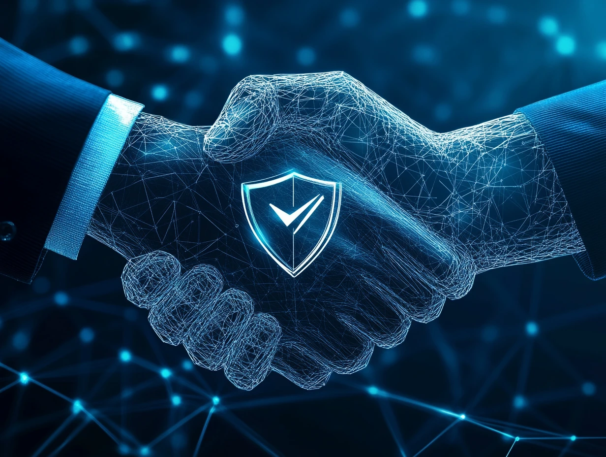 A friendly handshake icon between a user and a shield representing trust and security