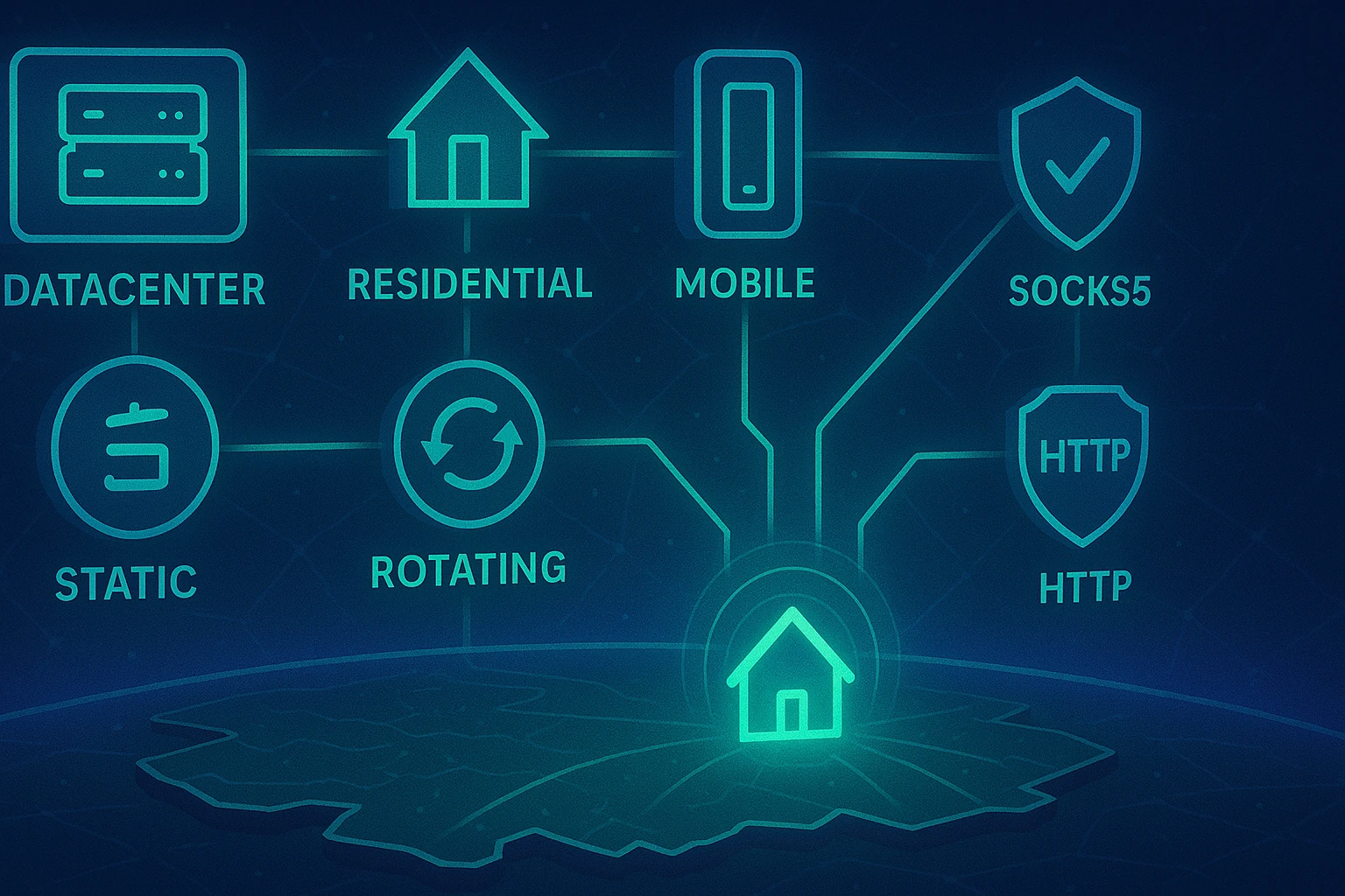 Illustration showing different proxy types such as datacenter, residential, socks5, http, static, rotating, and mobile as interconnected nodes. different-proxy-types-overview.webp